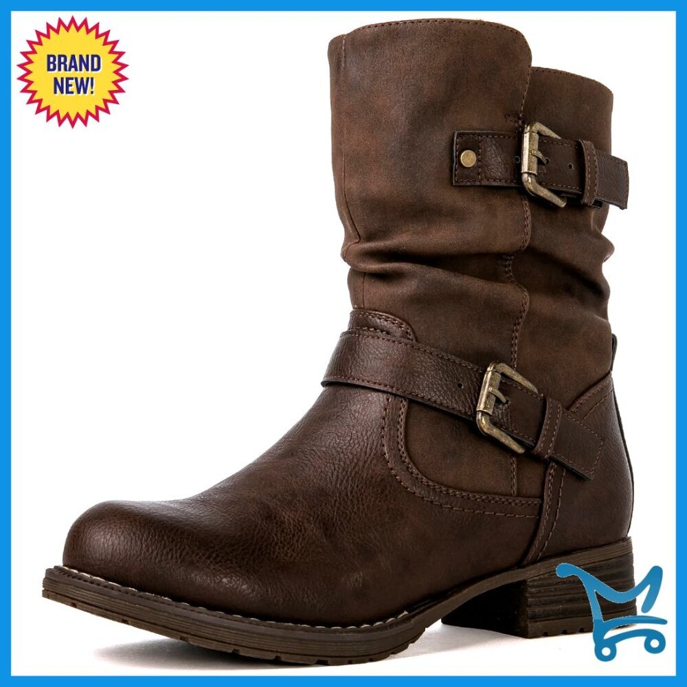 Women's Combat Ankle Boots with Buckles, Zipper Closure, 1-Inch Heel - Picture 1 of 7